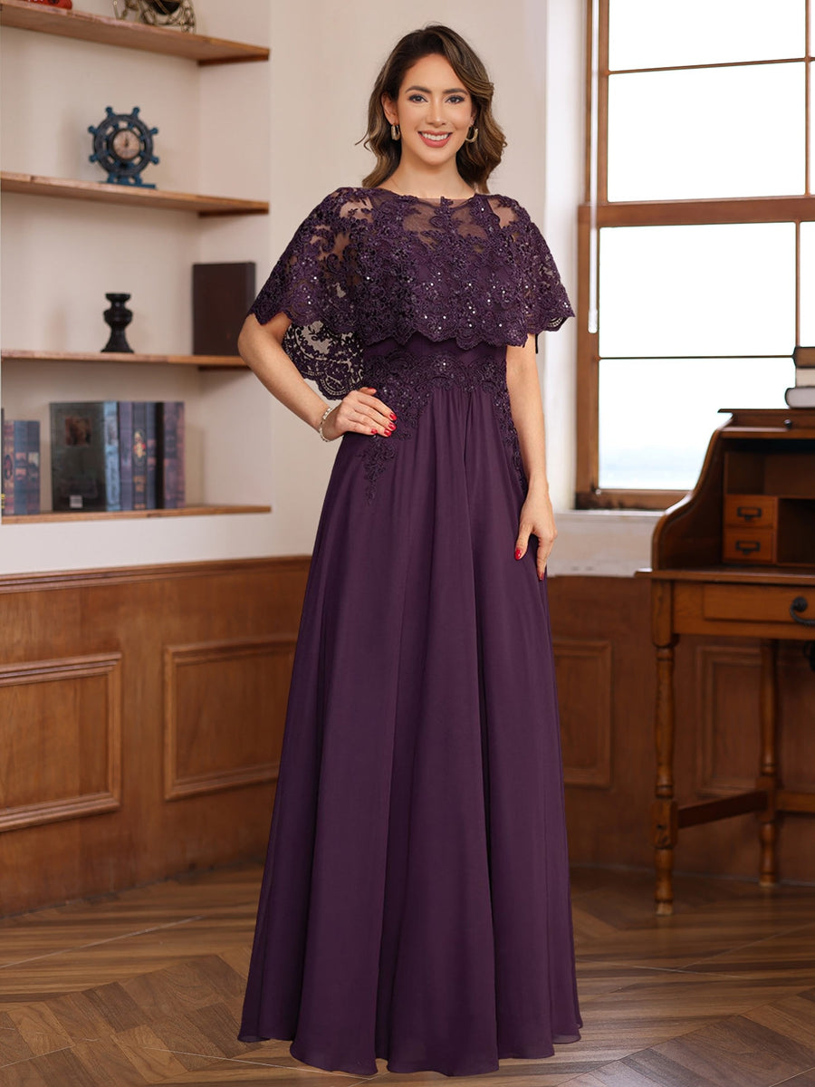 Elegant Long A Line Mother of the Bride & Groom Dress with Round Neck and Lace Appliques