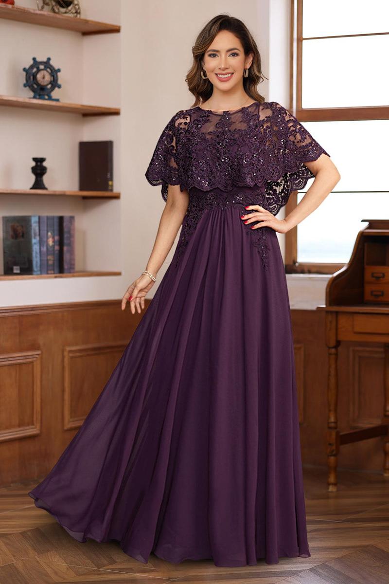 Elegant Long A Line Mother of the Bride & Groom Dress with Round Neck and Lace Appliques