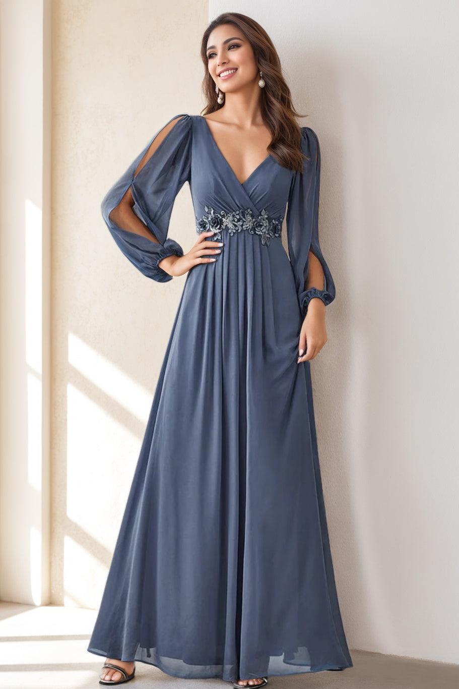 Elegant Long A Line V Neck Mother of the Bride Dress Featuring Embroidery