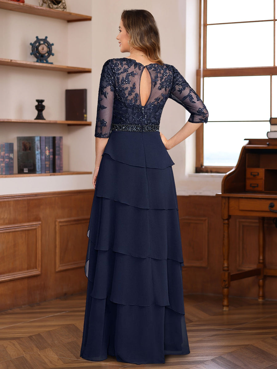 Elegant Long A Line Mother of the Bride & Groom Dress with 3/4 Sleeves Lace Appliques and Ruffles