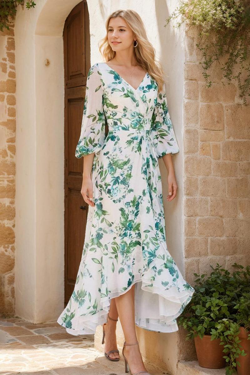 Elegant Floral Printed Mother of the Bride Dress with V Neck and 3/4 Asymmetrical Sleeves