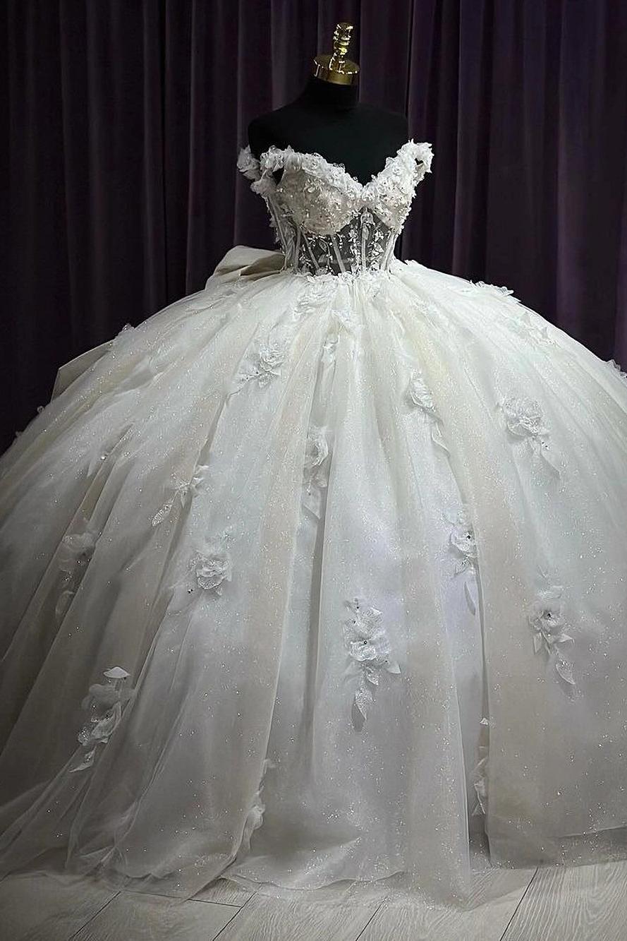 Elegant & Glamorous Ball Gown Off Shoulder Flowers Appliques Beaded Tulle Princess Formal Evening Party Gown Quinceanera Dresses For Sweet 16