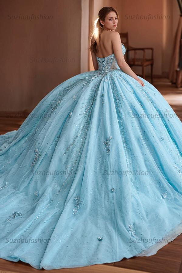 Elegant & Glitter Ball Gown Strapless Sleeveless Flower Appliques Sweet Train Sky Blue Tulle Quinceanera Dress Formal Evening Party Gown For Sweet 16