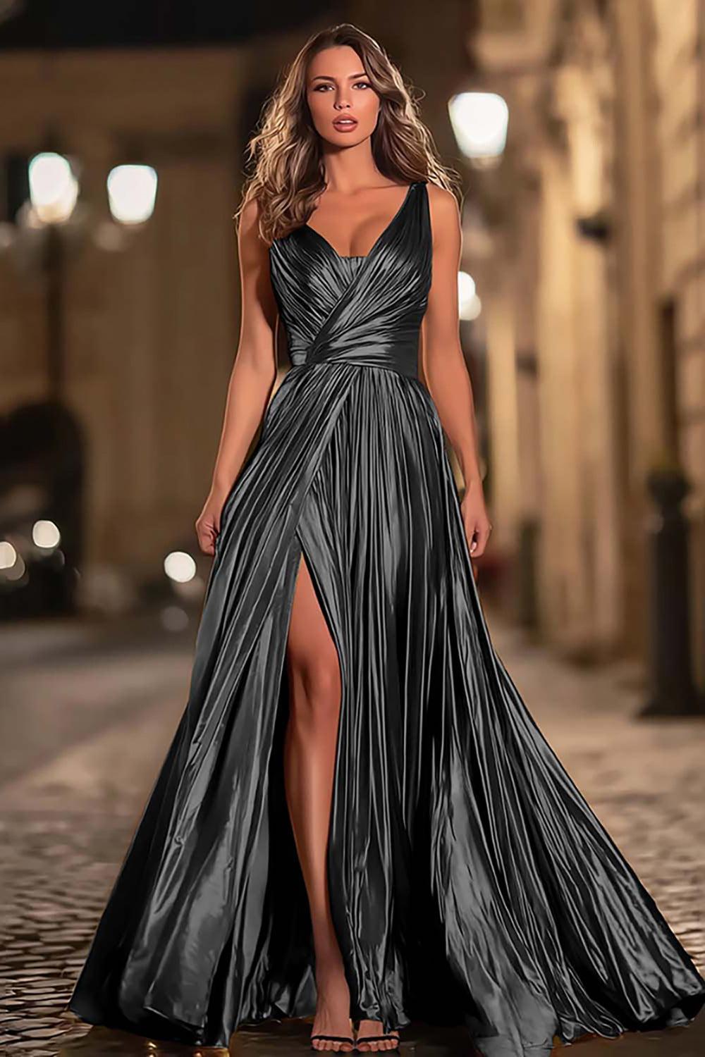 Suzhoufashion Elegant Gold Metallic Pleated V-Neck A-Line Long Prom Dress With Slit