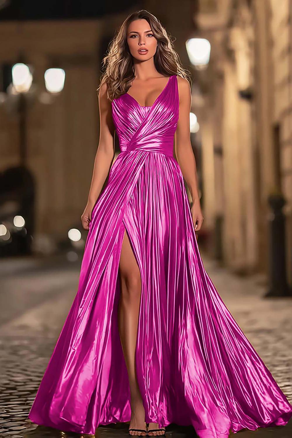 Suzhoufashion Elegant Gold Metallic Pleated V-Neck A-Line Long Prom Dress With Slit