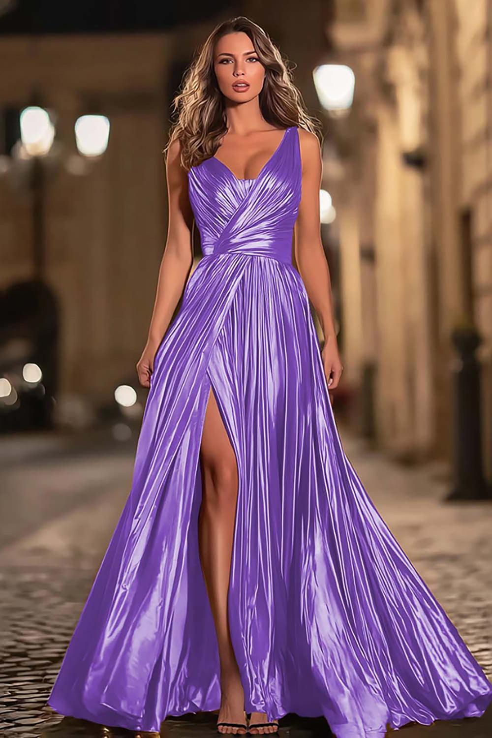 Suzhoufashion Elegant Gold Metallic Pleated V-Neck A-Line Long Prom Dress With Slit