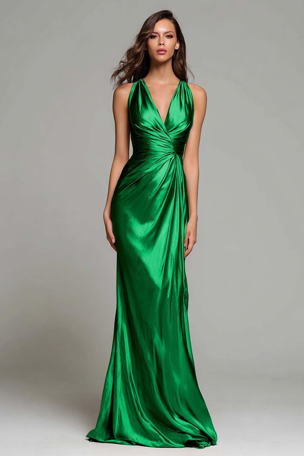 Suzhoufashion Elegant Gold Ruched V-Neck Mermaid Long Metallic Prom Dress