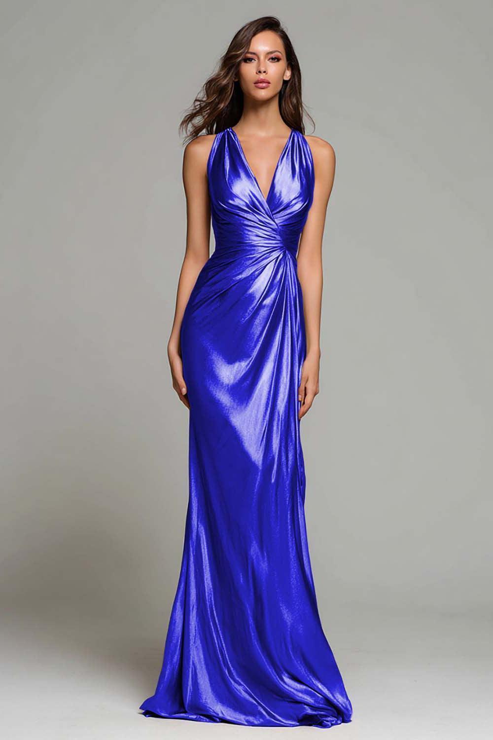 Suzhoufashion Elegant Gold Ruched V-Neck Mermaid Long Metallic Prom Dress
