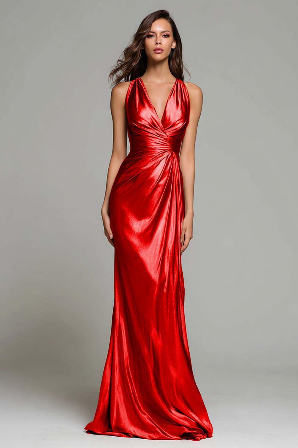 Suzhoufashion Elegant Gold Ruched V-Neck Mermaid Long Metallic Prom Dress
