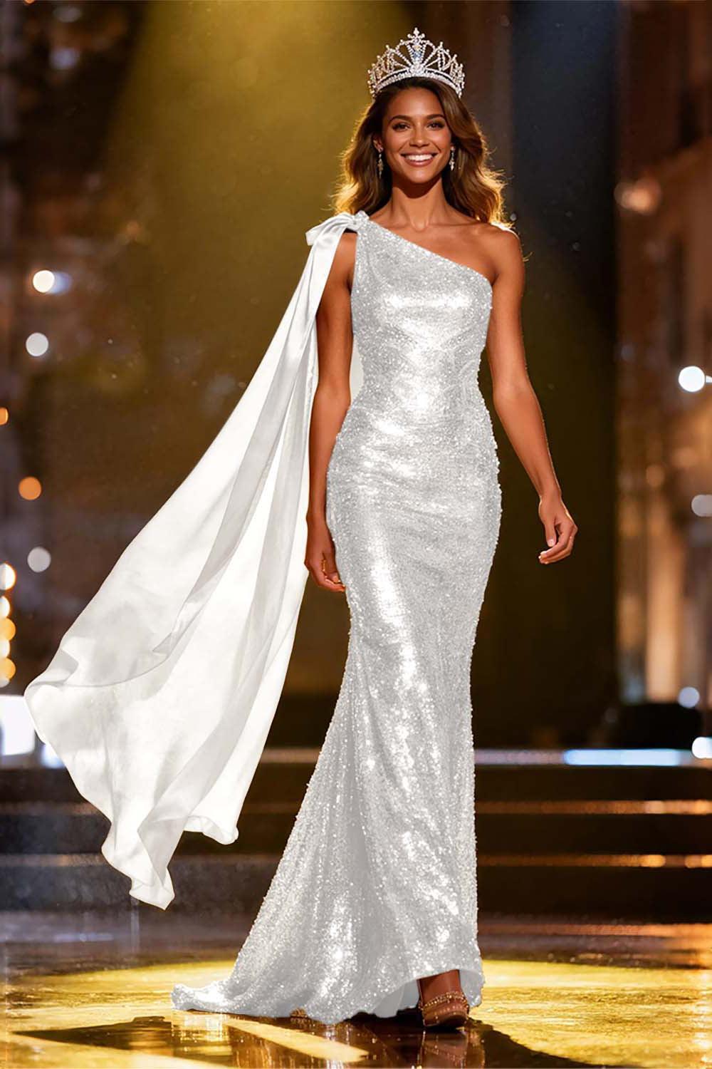Suzhoufashion Elegant Gold Sequin One Shoulder Long Pageant Dress With Side Cape