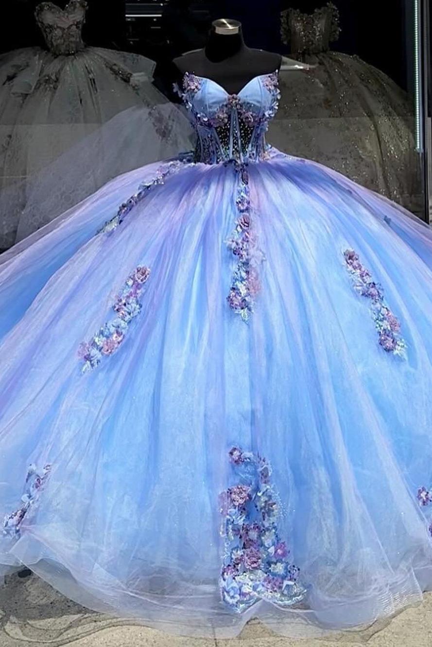 Elegant & Gorgeous Ball Gown Sweetheart Neck 3D Flowers Lace Appliques Blue Tulle Princess Quinceanera Dress Evening Party Gown For Sweet 16