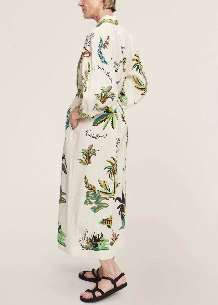 Elegant Green Print Pockets Tie Waist Linen Blouses Dresses Spring