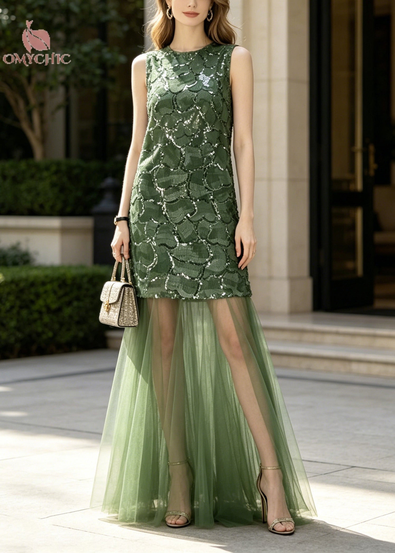 Elegant Green Sequins Patchwork Tulle Maxi Dress Sleeveless