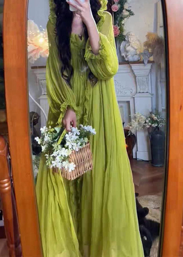 Elegant Green V Neck Ruffled Hooded Chiffon Maxi Dress Spring
