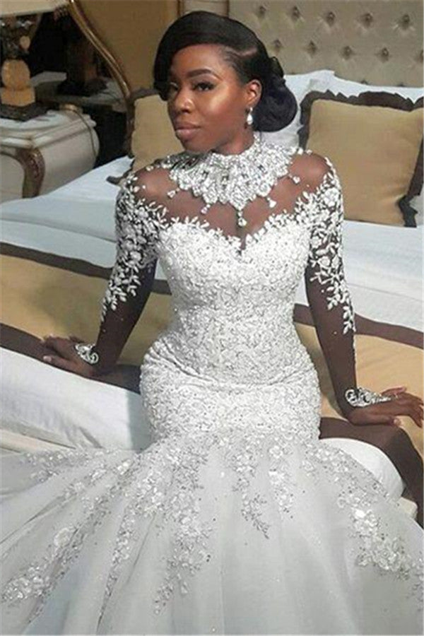 Elegant High Neck Lace Appliques  Wedding Dresses | Long Sleeves Crystal Sexy Mermaid Bridal Gowns