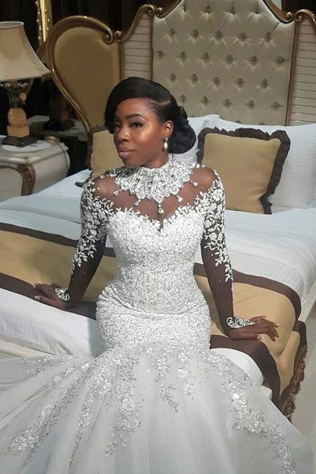 Elegant High Neck Lace Appliques  Wedding Dresses | Long Sleeves Crystal Sexy Mermaid Bridal Gowns