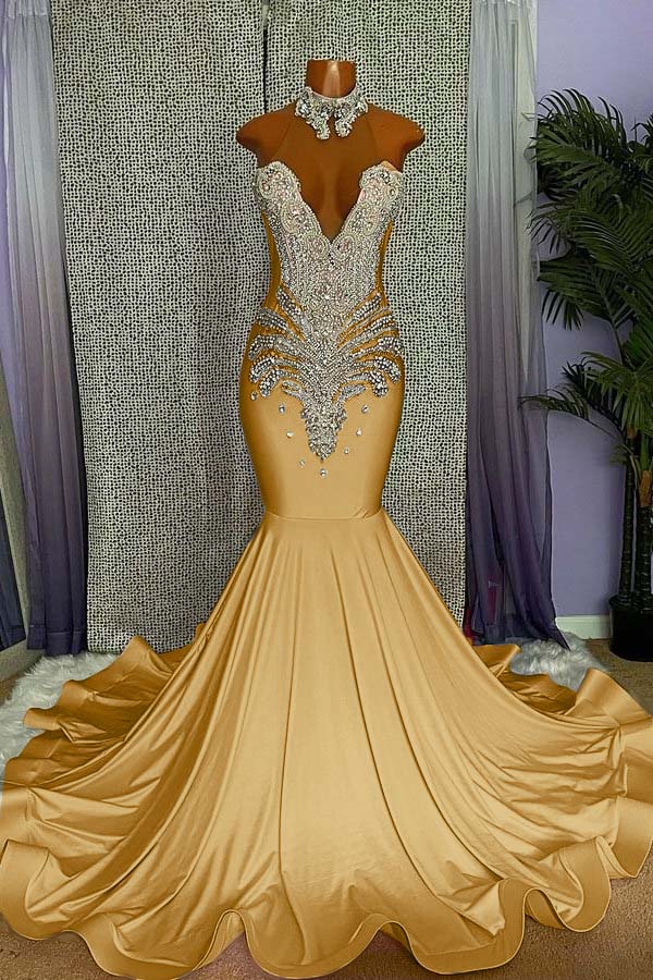 Elegant High-neck Sleeveless Mermaid Prom Dress With Beading