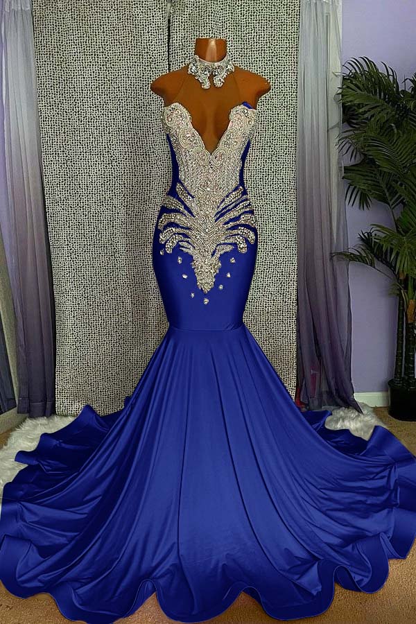 Elegant High-neck Sleeveless Mermaid Prom Dress With Beading