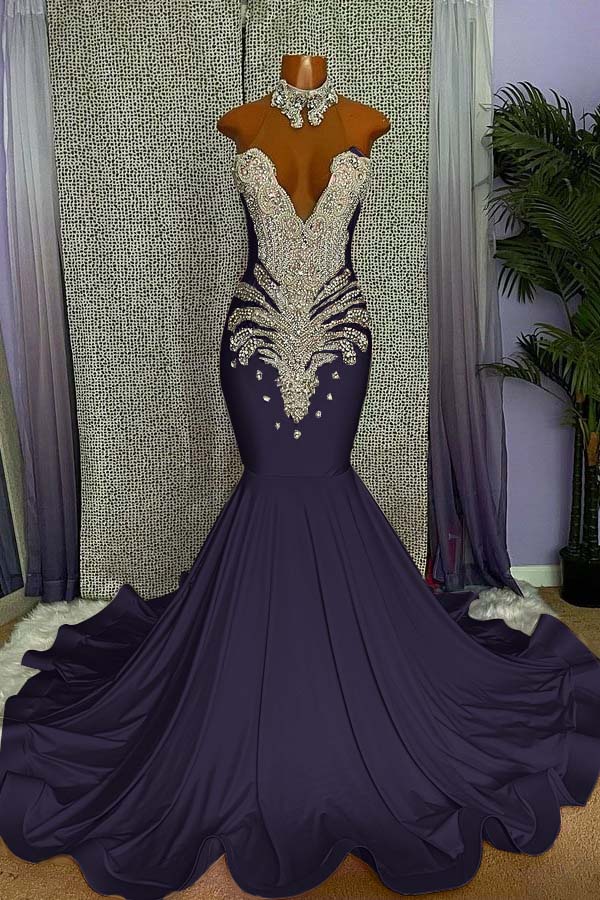 Elegant High-neck Sleeveless Mermaid Prom Dress With Beading