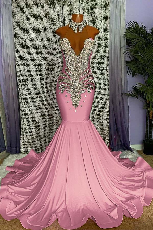 Elegant High-neck Sleeveless Mermaid Prom Dress With Beading