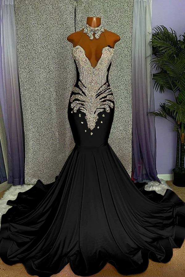 Elegant High-neck Sleeveless Mermaid Prom Dress With Beading