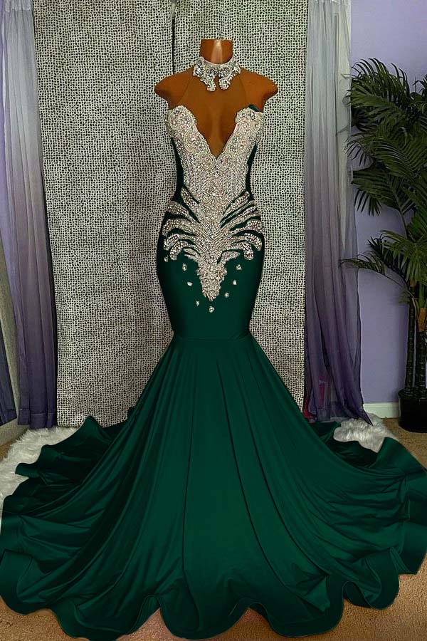 Elegant High-neck Sleeveless Mermaid Prom Dress With Beading