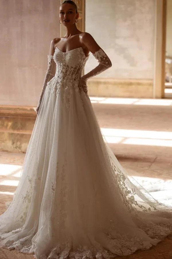 Elegant Ivory Long A-Line Strapless Lace Sweetheart Wedding Dresses (ZD14484)