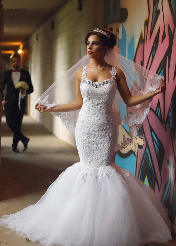 Elegant Lace Beaded Wedding Dresses  Mermaid Sheer Tulle Bride Dress WE0010