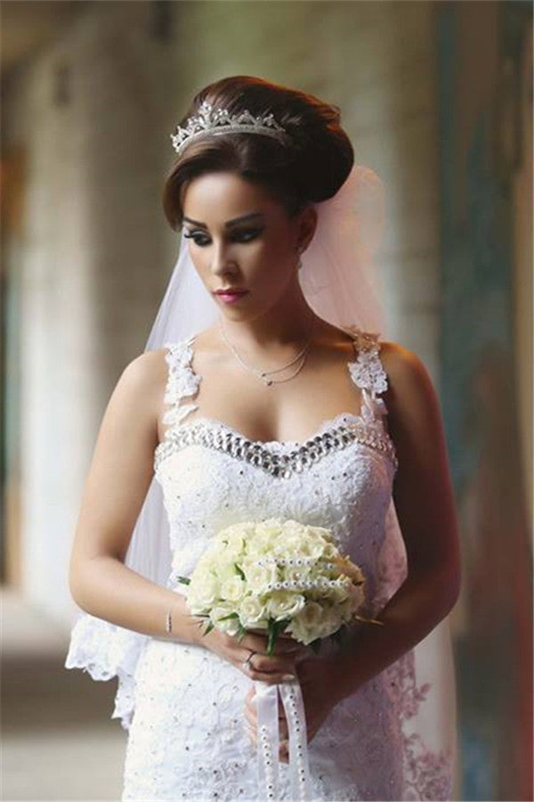 Elegant Lace Beaded Wedding Dresses  Mermaid Sheer Tulle Bride Dress WE0010