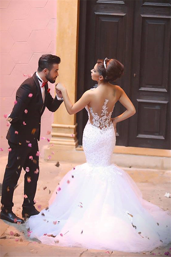 Elegant Lace Beaded Wedding Dresses  Mermaid Sheer Tulle Bride Dress WE0010