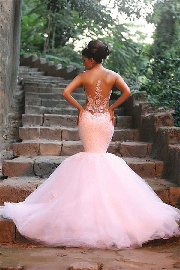Elegant Lace Beaded Wedding Dresses  Mermaid Sheer Tulle Bride Dress WE0010