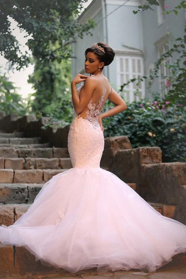 Elegant Lace Beaded Wedding Dresses  Mermaid Sheer Tulle Bride Dress WE0010