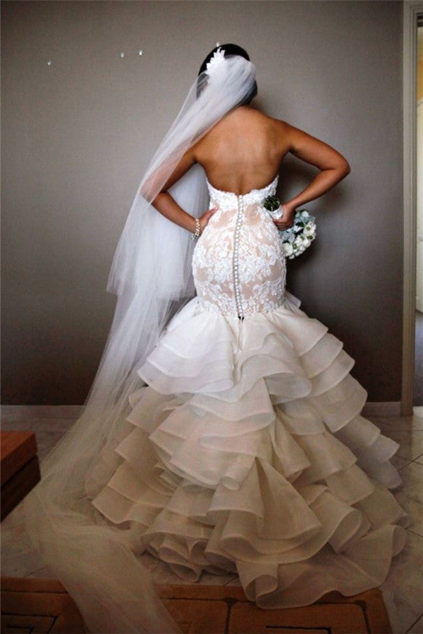 Elegant Lace  Mermaid Wedding Dress Tiered Open Back Strapless Wedding Gowns BA1540