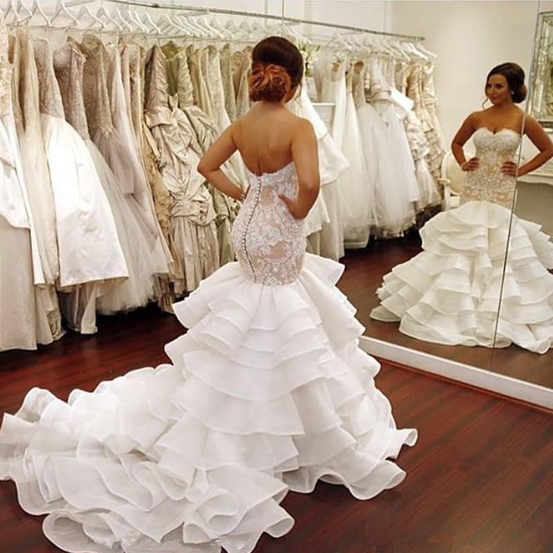 Elegant Lace  Mermaid Wedding Dress Tiered Open Back Strapless Wedding Gowns BA1540