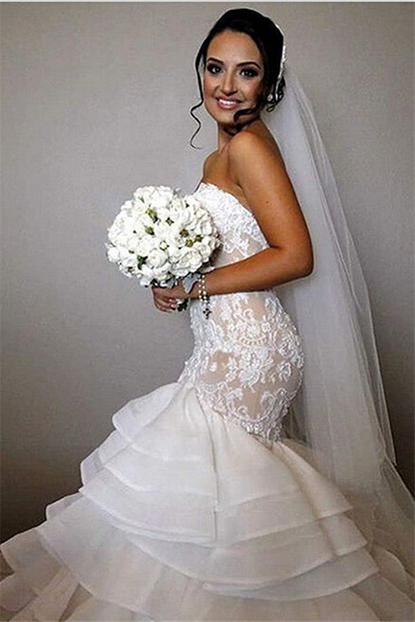 Elegant Lace  Mermaid Wedding Dress Tiered Open Back Strapless Wedding Gowns BA1540