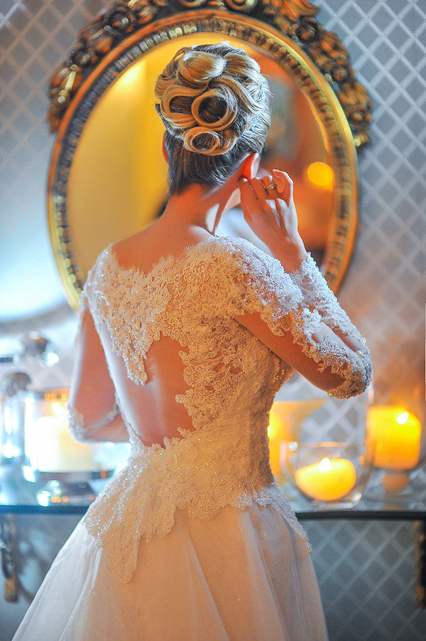 Elegant Lace Plus Size Wedding Dress  Long Sleeve A-line Bride Dresses with Long Train