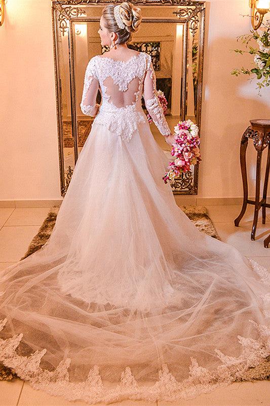 Elegant Lace Plus Size Wedding Dress  Long Sleeve A-line Bride Dresses with Long Train