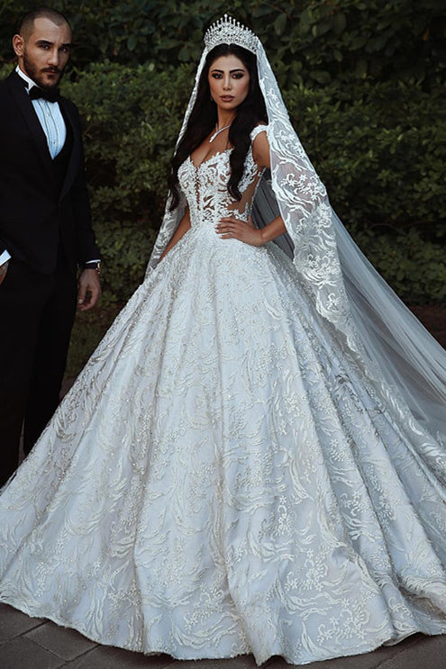 Elegant Lace Straps Wedding Dresses |  Luxury Open Back Sleeveless Bridal Gowns