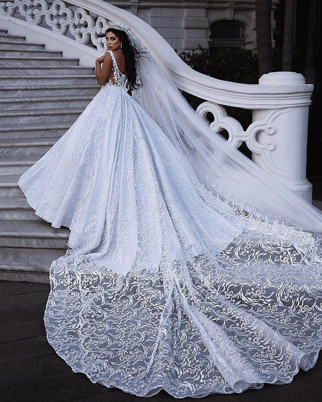 Elegant Lace Straps Wedding Dresses |  Luxury Open Back Sleeveless Bridal Gowns