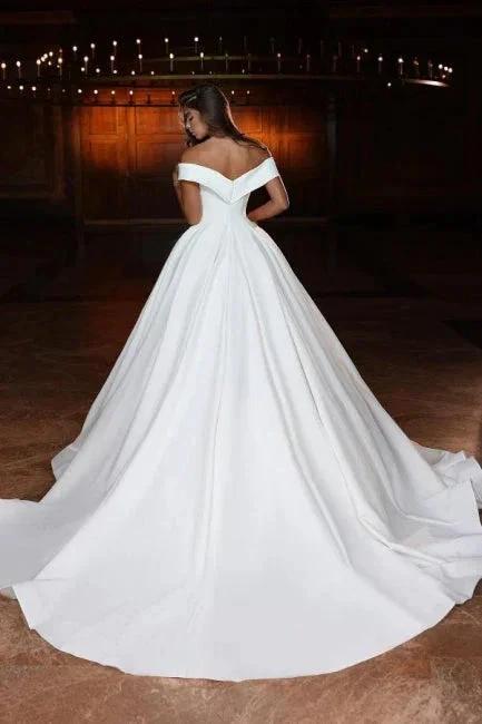Elegant Long A-line Off-the-shoulder V-neck Satin Wedding Dress (ZD15606)