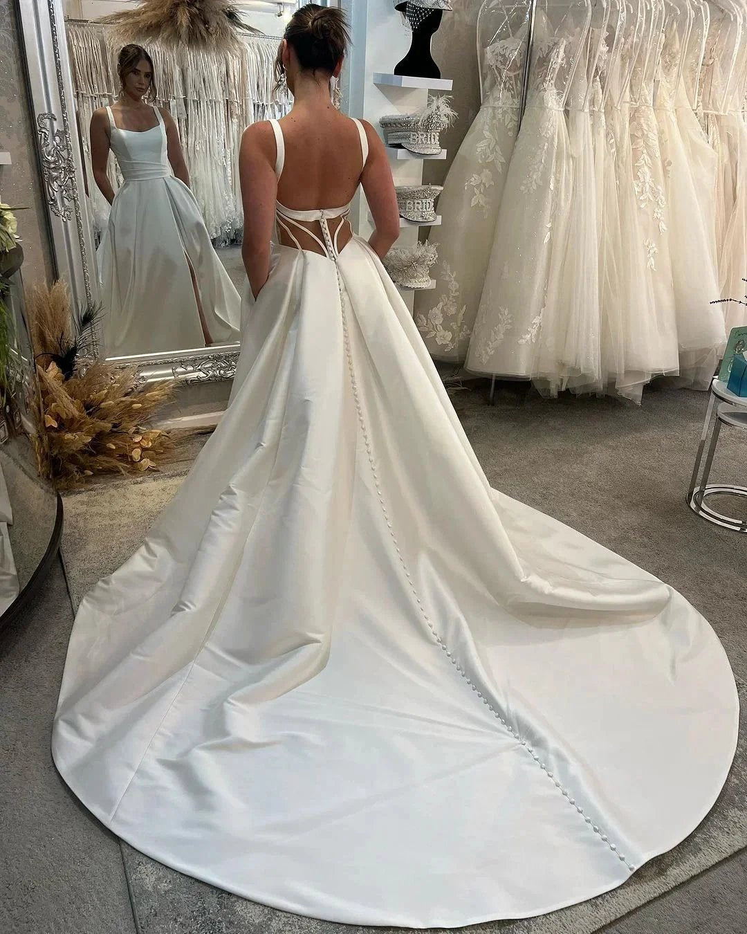 Elegant Long Ivory A-line Straps Satin Sleeveless Backless Wedding Dress With Slit (ZD15669)