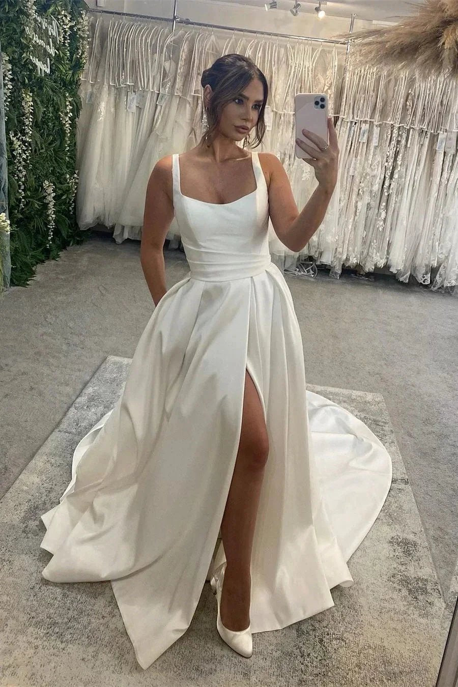 Elegant Long Ivory A-line Straps Satin Sleeveless Backless Wedding Dress With Slit (ZD15669) - VelvetHem