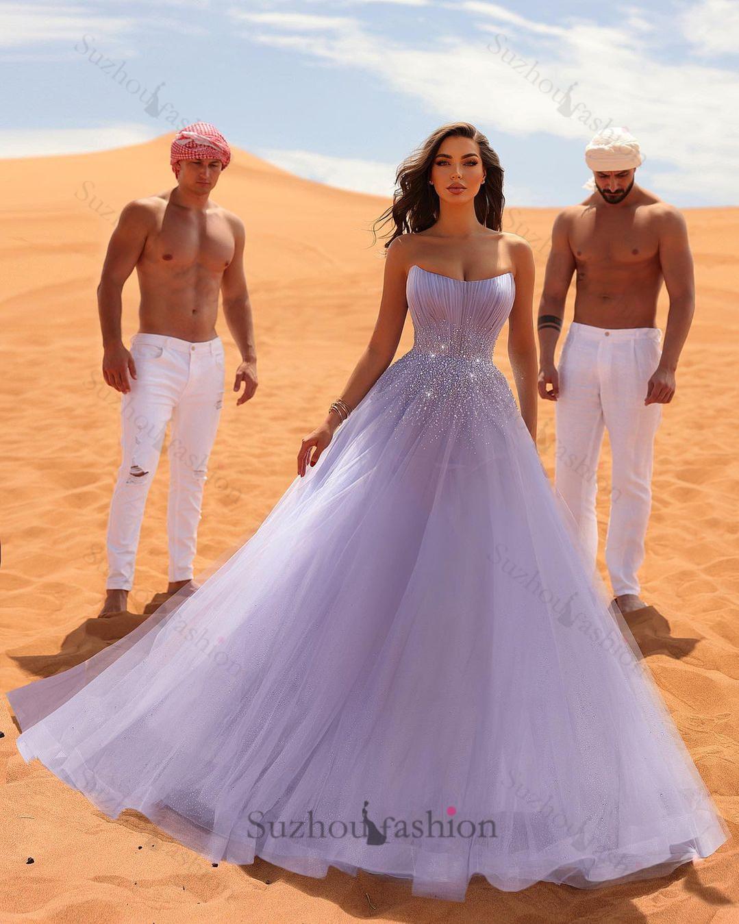 Elegant Long Lilac Sleeveless Rhinestones Tulle Prom Dresses