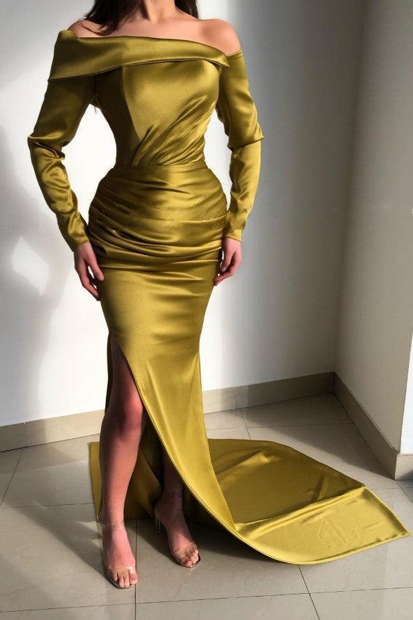 Elegant Long Off-the-shoulder Long Sleeves Evening Dresses with Ruffle