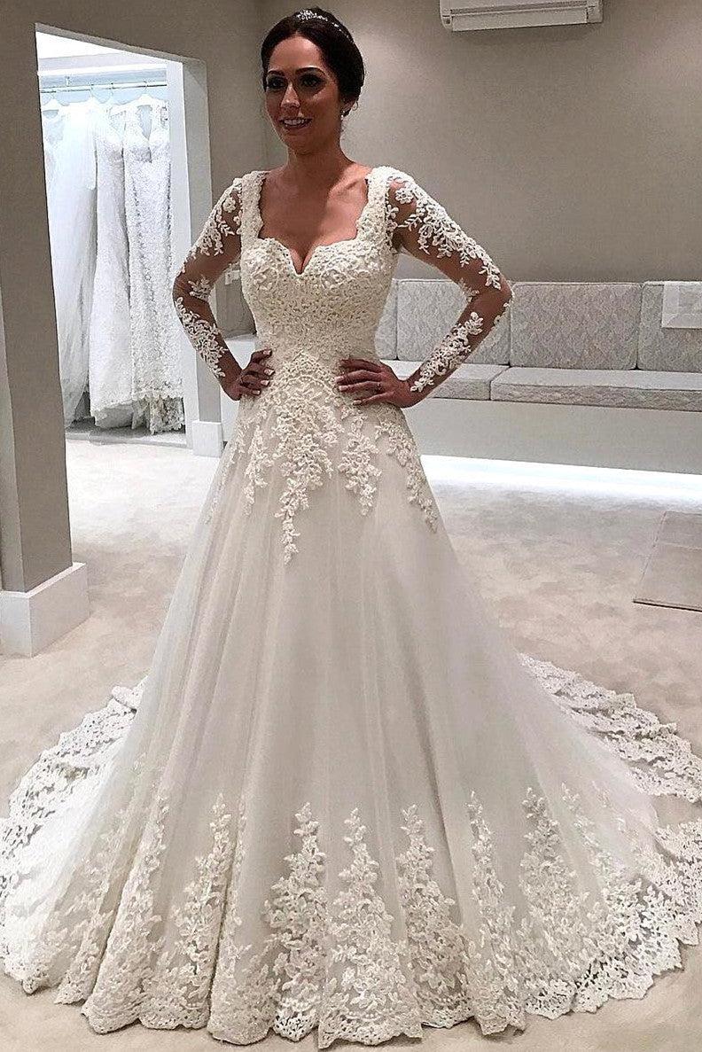 Elegant Long Sleeve Lace Wedding Dresses  | Illusion Sexy Bride Dresses with Long Train