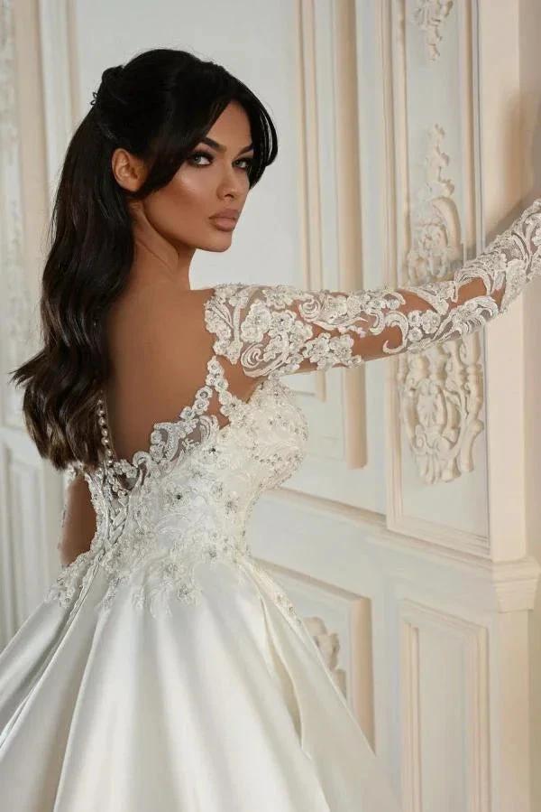 Elegant Long Sleeves A-line Sweetheart Satin Lace Wedding Dresses with Pockets (ZD14488)