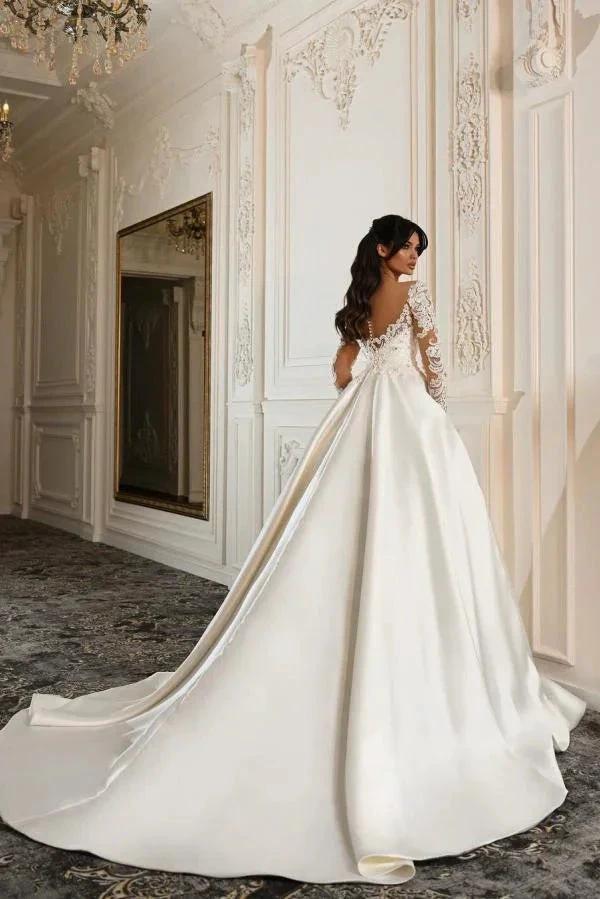 Elegant Long Sleeves A-line Sweetheart Satin Lace Wedding Dresses with Pockets (ZD14488)