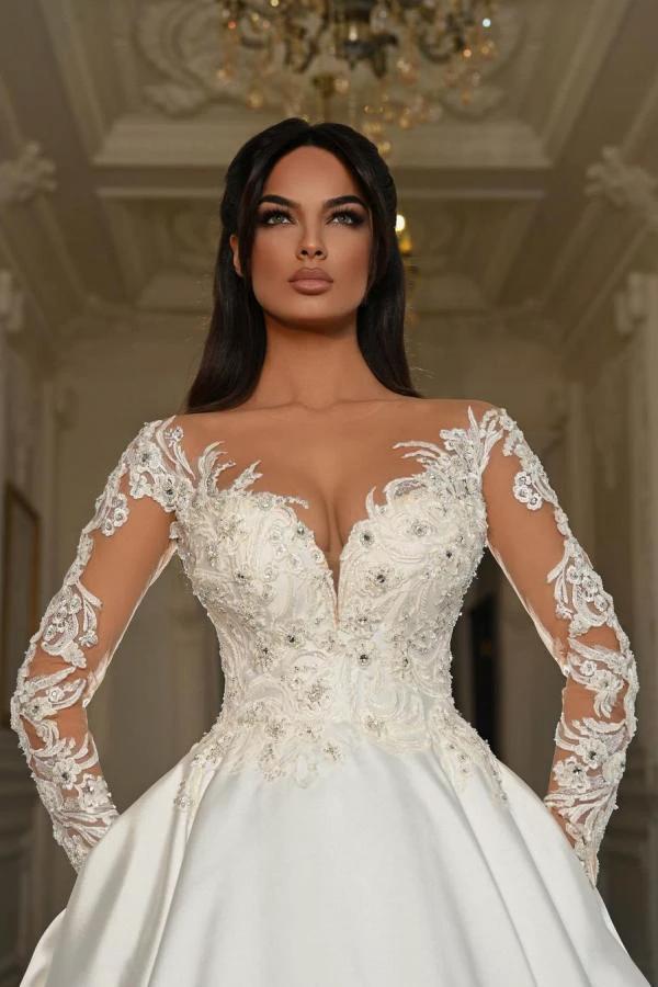 Elegant Long Sleeves A-line Sweetheart Satin Lace Wedding Dresses with Pockets (ZD14488)