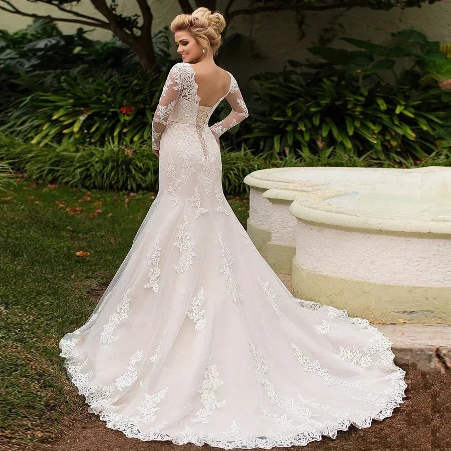 Elegant Long Sleeves Appliques Vestido De Noiva Lace-up back Mermaid Wedding Dress Sexy Backless Vestidos De Novia (ZD14039)