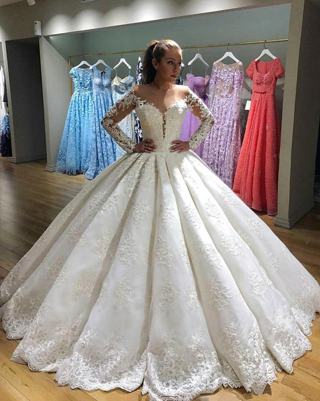 Elegant Long Sleeves Appliques Wedding Dresses  | Puffy Sheer Bridal Ball Gown